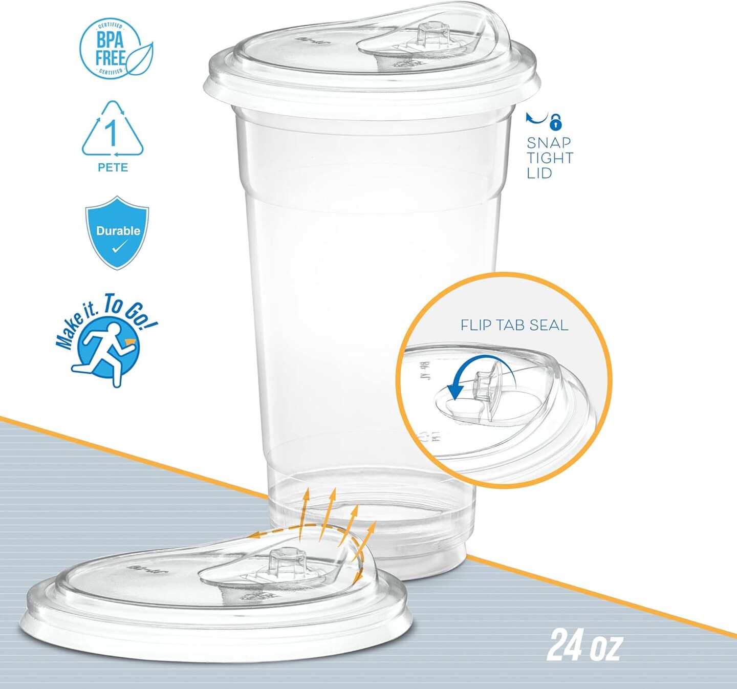 24 oz. Clear Cups with Straw less Sip-Lids, PET Crystal Clear Disposable 24 oz Plastic Coffee Cups with Lids