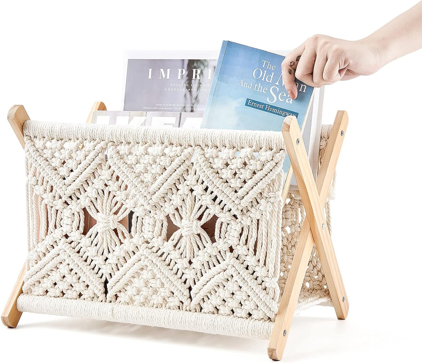 Macrame Magazine Rack Boho Storage Holder Standing Basket | Medium Size, 14&#x201D;L x 10&#x201D;W