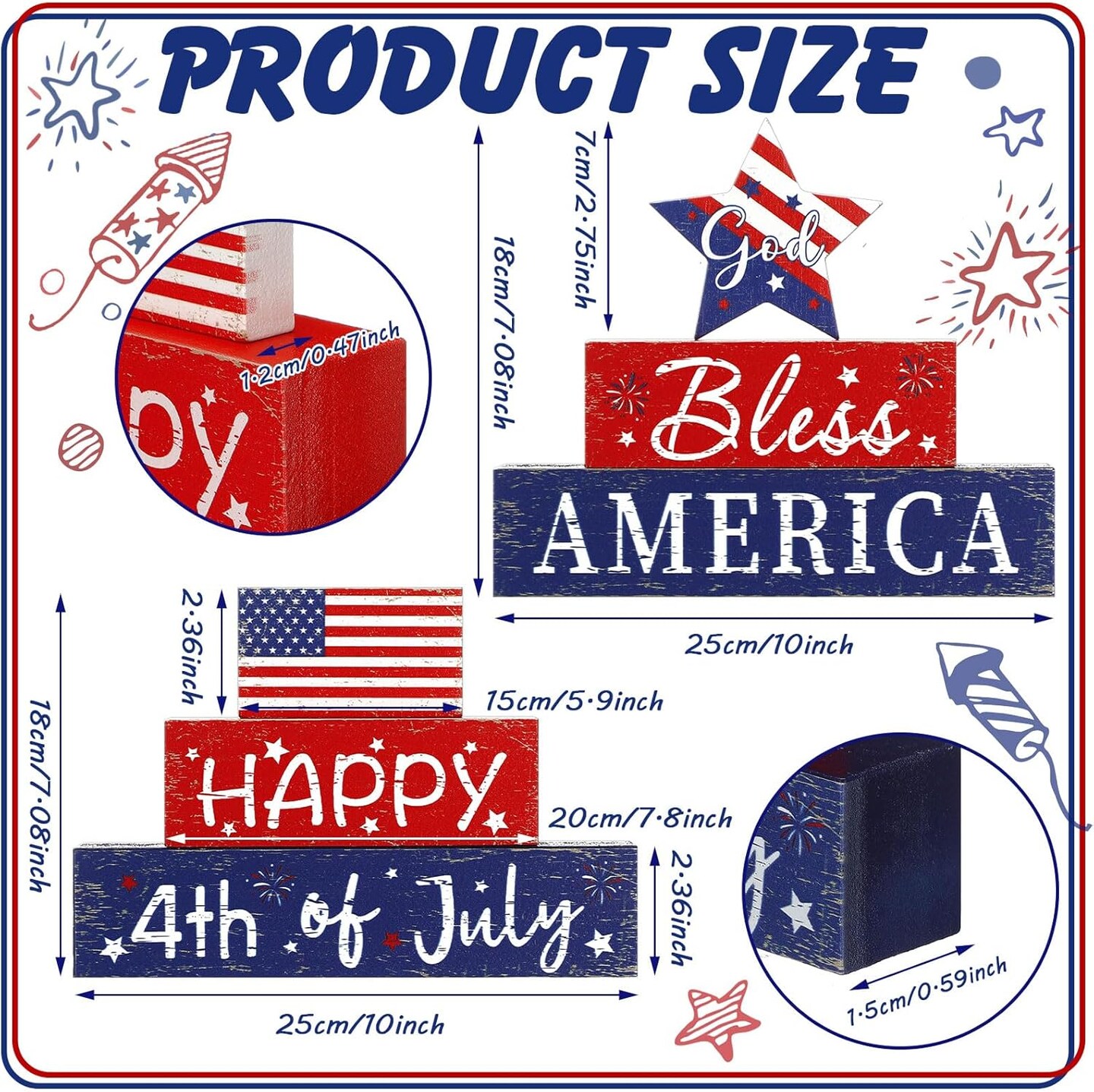 4 Pcs Memorial Day Decorations Patriotic Tiered Tray Tabletop Decor Happy 4th of July and God Bless America Signs Red White Blue Decorations 3 Layered Double Side Wood Blocks for Home Table Shelf
