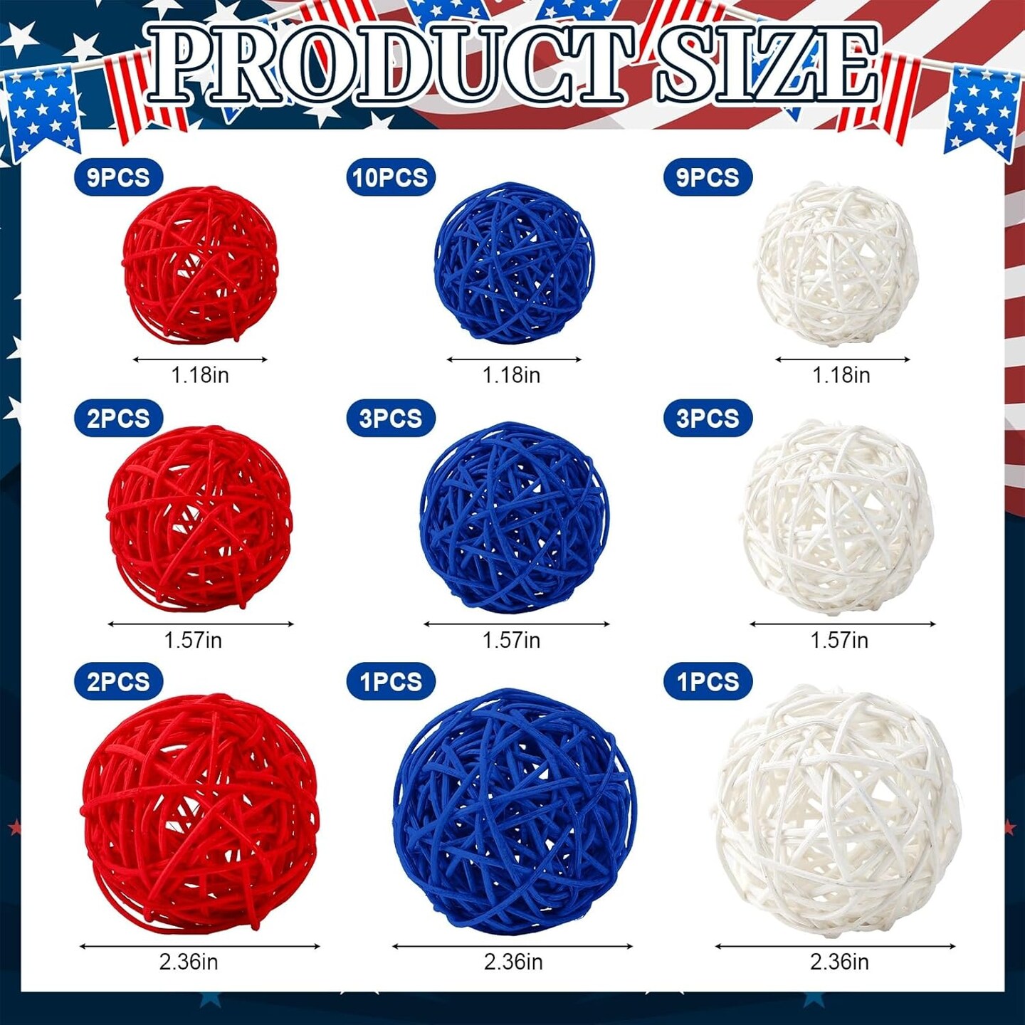 40PCS 4th of July Vase Filler Red White and Blue Rattan Balls Patriotic Decorations Mixed Color Sphere Orbs Decor for Independence Day 3 Sizes 3 Colors(Red,White, Blue)