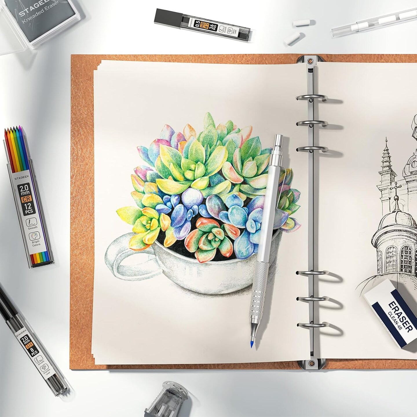 35-Piece Premium Art & Mechanical Pencil Set with Case – 0.5/0.7/0.9/2.0mm Graphite & Colored Leads, Erasers, Sharpeners – Ideal for Sketching, Writing, Drafting, and School Supplies (silver)