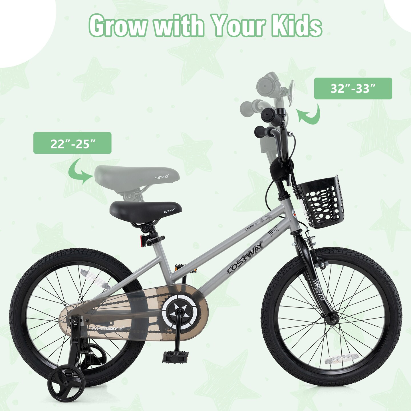 Children’s Bike with Training Wheels and Enclosed Chain Guard, Hand Brake Basket Reflectors