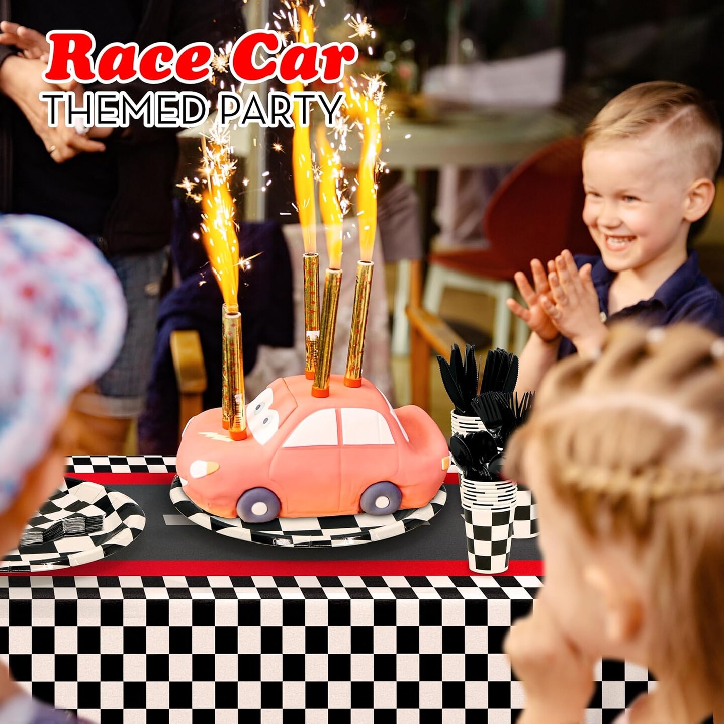 4E&#x27;s Novelty 24 Pcs Checkered Party Supplies and Accessories like Checkered Flag Plates, Checkered Paper Cups, Checkered Flag Napkins, Cutlery - Race Car Party Plates For Different Special Occasions