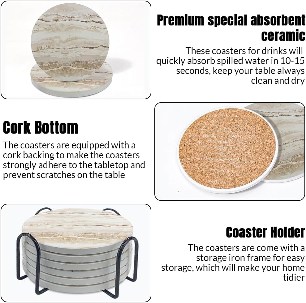 Ceramic Coasters Set of 6, Marble-Textured Design with Holder - Absorbent Cork-Backed Coasters for Cups, Bar & Coffee Table Decor Accessories (Khaki Marble, 6 Pack)