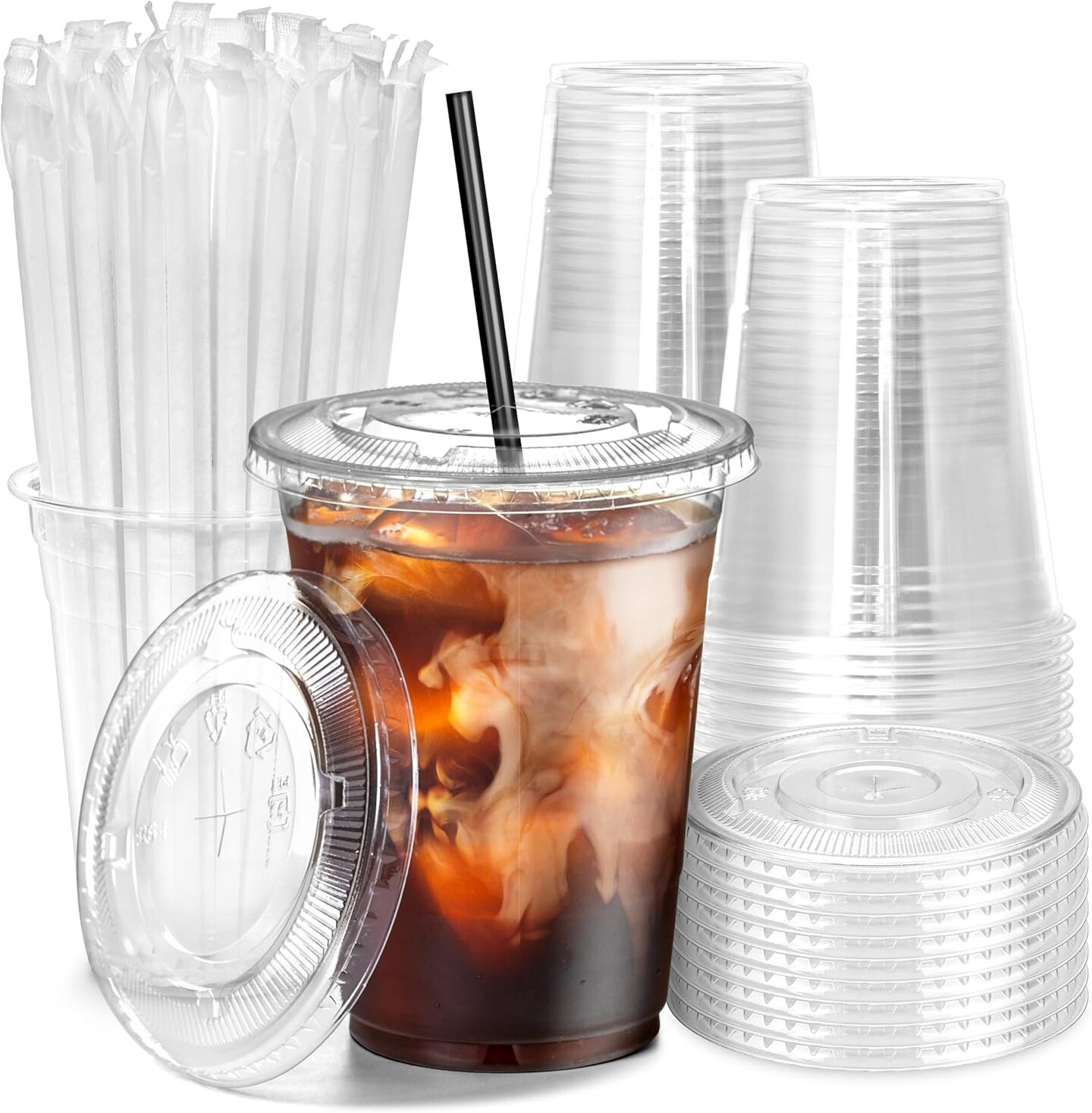 100 Pack 16 oz Plastic Iced Coffee Cups with Flat Lids and Black Straws, Disposable Clear Cup, BPA Free Cup for Party, Smoothie, Cold Drinks, Juice, Milkshake, Bubble Boba, Tea