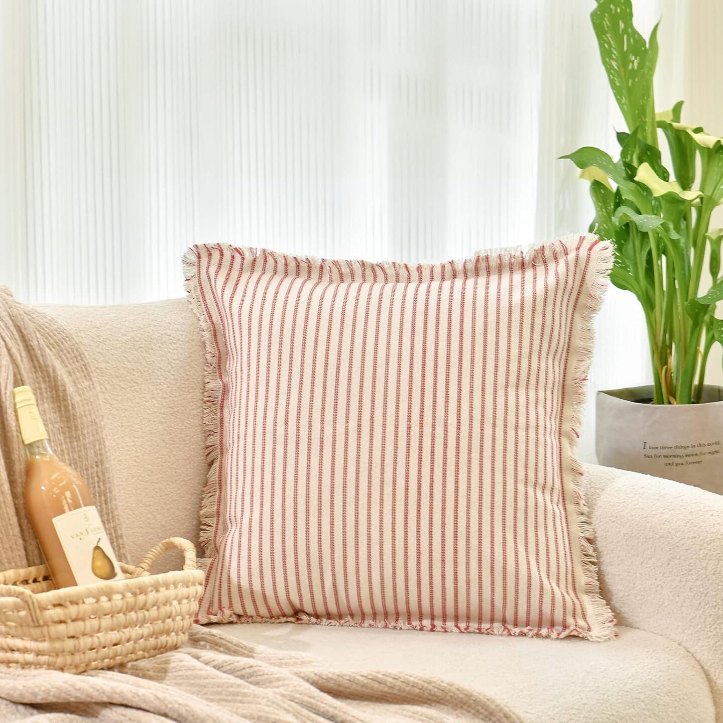 Throw Christmas Pillow Covers 18x18 Set of 2 Striped Pillow Covers with Fringe Chic Cotton Decorative Pillows Square Cushion Covers for Sofa Couch Bed Living Room Farmhouse Decor