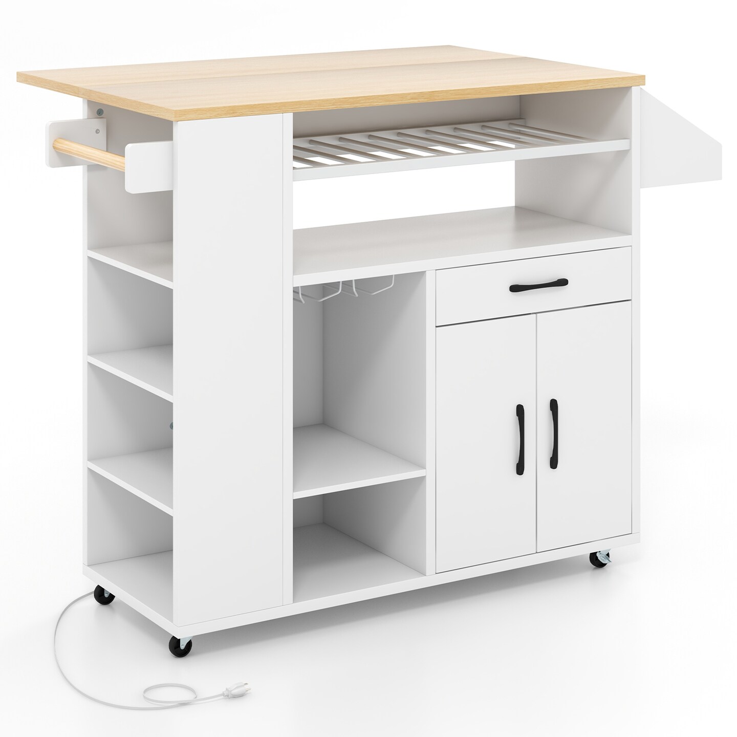 Rolling Kitchen Island Cart Wine Rack with Power Outlet, Drop Leaf Drawer and Storage Shelves