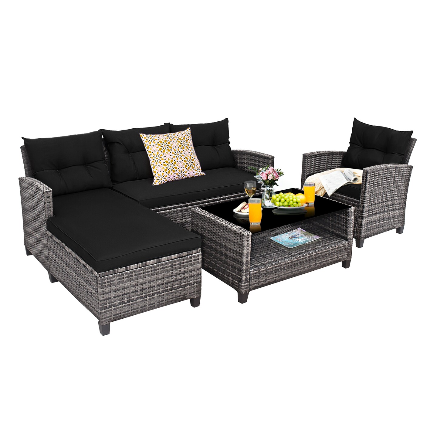 4-Piece Black PE Rattan Outdoor Patio Conversation Sofa Set with Tempered Glass Coffee Table