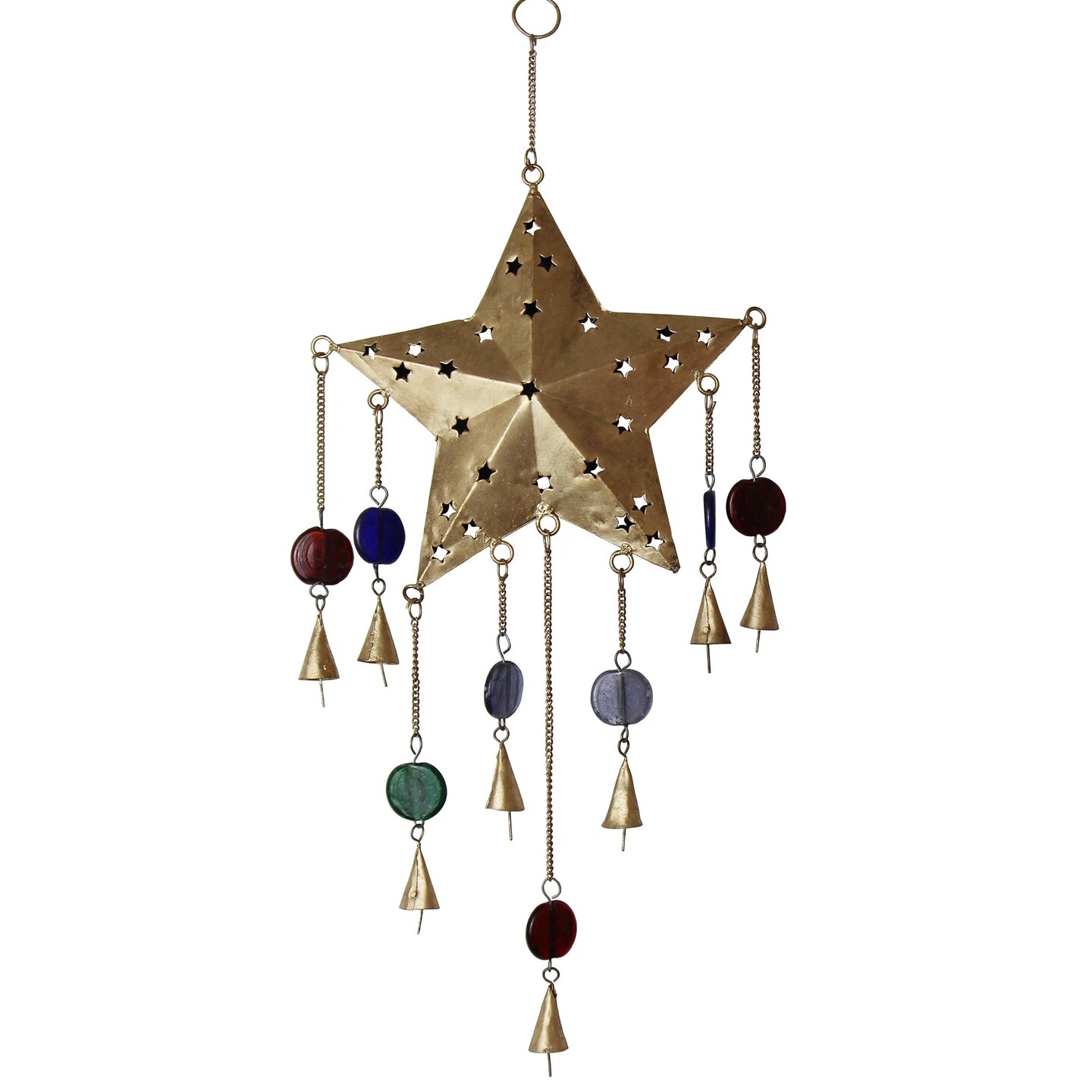 23" Handcrafted Brass Star Wind Chime with Glass Beads Perfect Wall Art Decor for Garden or Patio