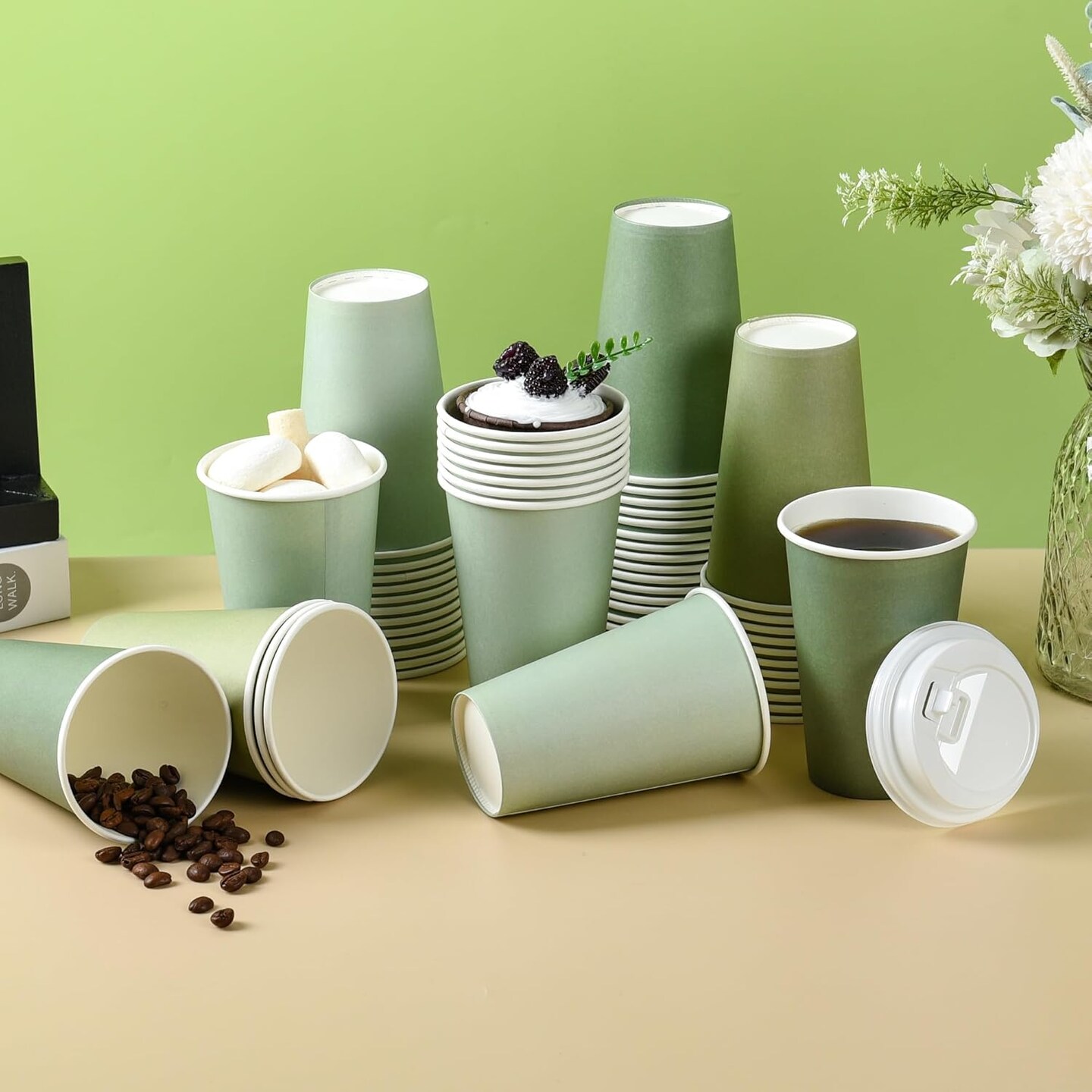 80 Pcs 12 oz Sage Green Paper Cups Disposable Coffee Cups with Lids Green Gradient Paper Cup Baby Shower Cups Green Cups for Hot and Cold Beverage Water Juice Coffee Tea Party Wedding Supplies