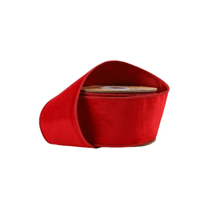 LaRibbons 4" - 2 1/2" Wired Cozy Velvet Ribbon | Red w/ Double-Fused Metallic Red Dupioni | 10 Yard Roll