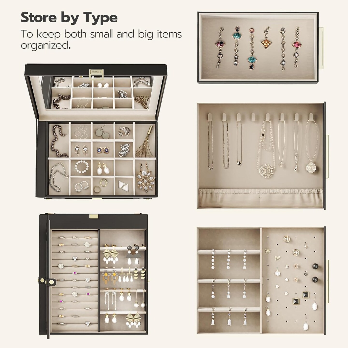 Jewelry Box with Mirror, Travel Jewelry Organizer with Glass Window, Vertical Storage, Christmas Gift, Gift for Loved Ones, for Earrings, Rings, Necklaces, Bracelets, Black BK03JB04G2