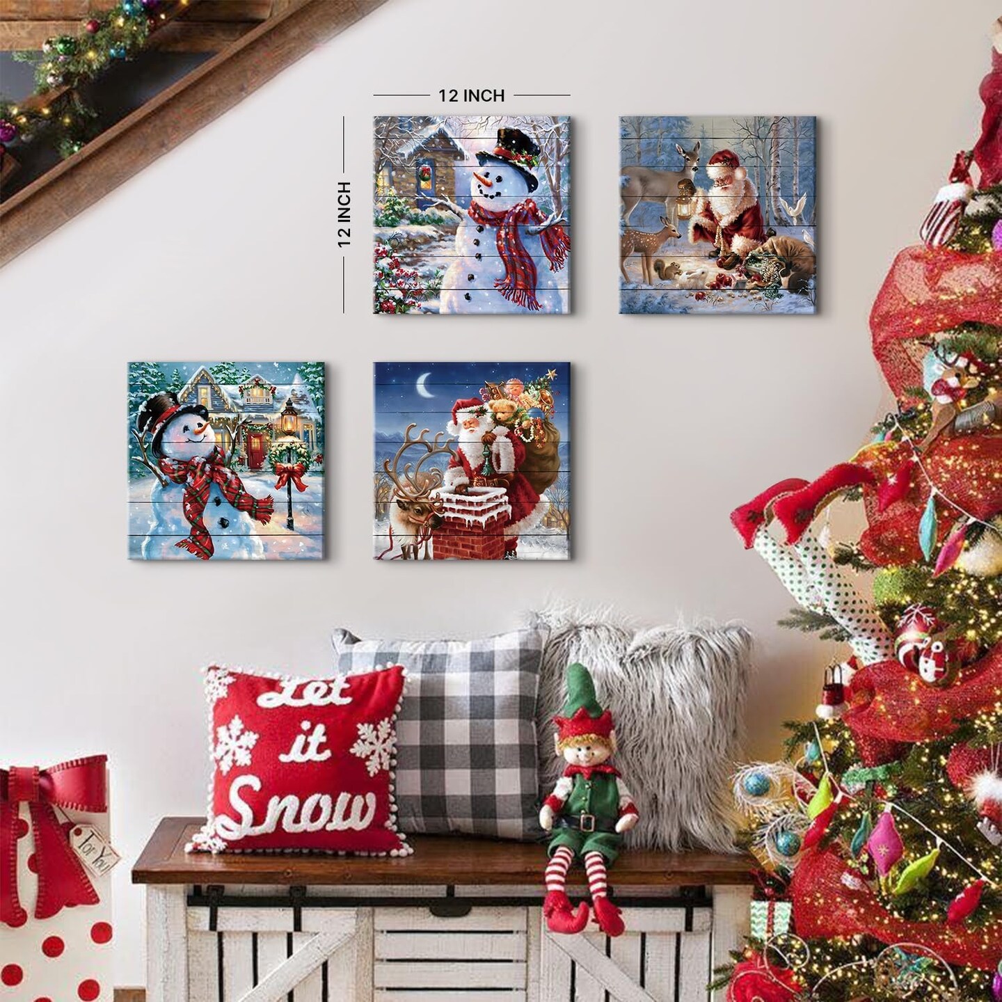 Christmas Wall Art Set – 4 Pcs Santa Claus & Snowman Canvas Prints – Watercolor Deer & Holiday Decor for Living Room, Bedroom, or Xmas Party