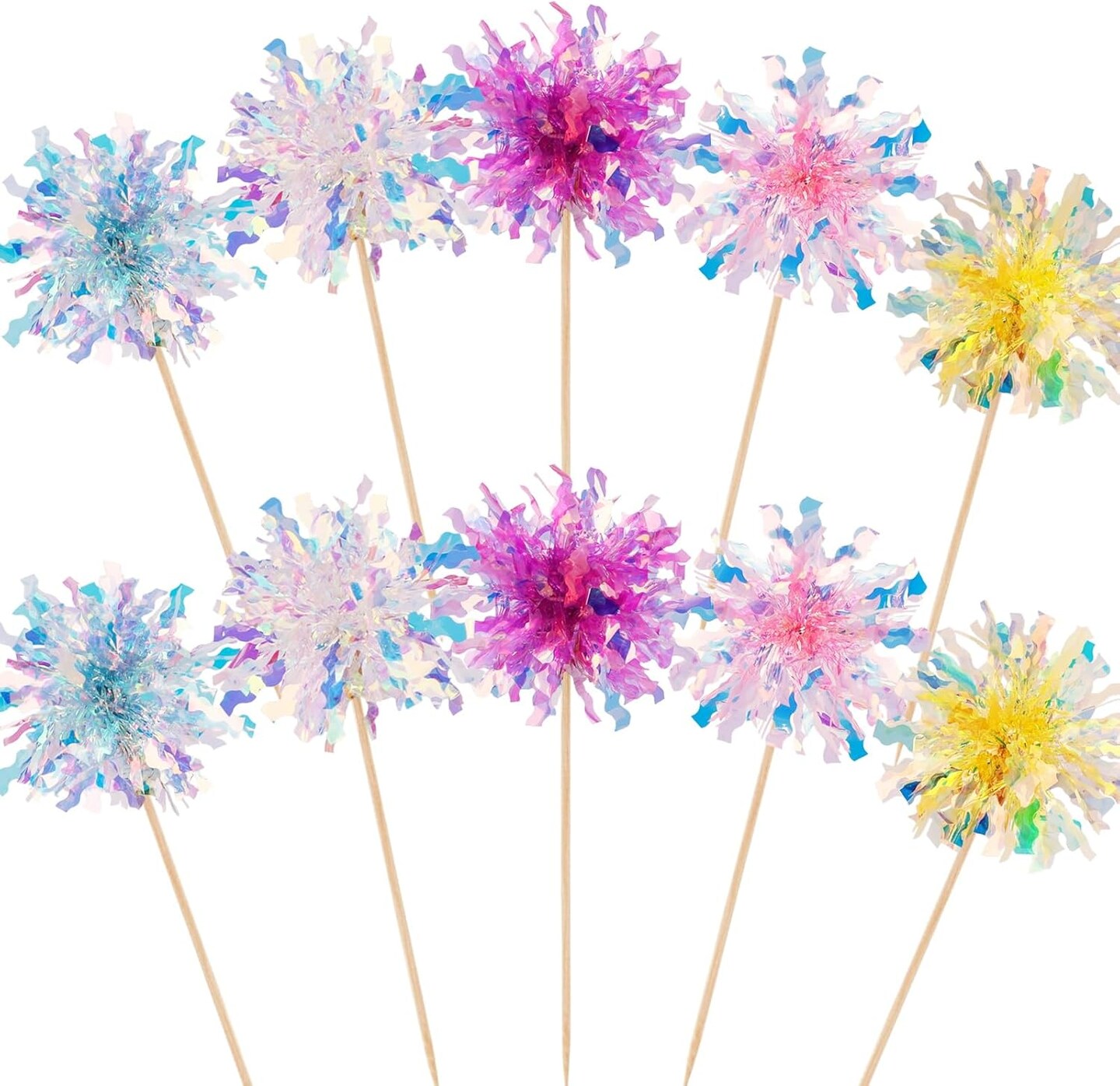 Firework Cupcake Topper 10pcs Sparkle Tinsel Cake Toppers Foil Frill Toothpicks Drink Stirrer Cake Cupcake Decoration Cocktail Picks for Birthday Wedding Graduation Party Supplies