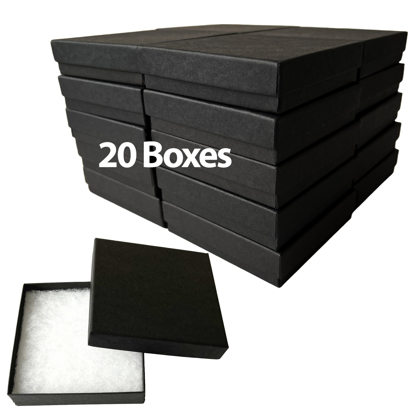 MADE IN USA - 20 Boxes - Matte Black Jewelry Boxes with Cotton Filling - 3.5"x3.5"x7/8"
