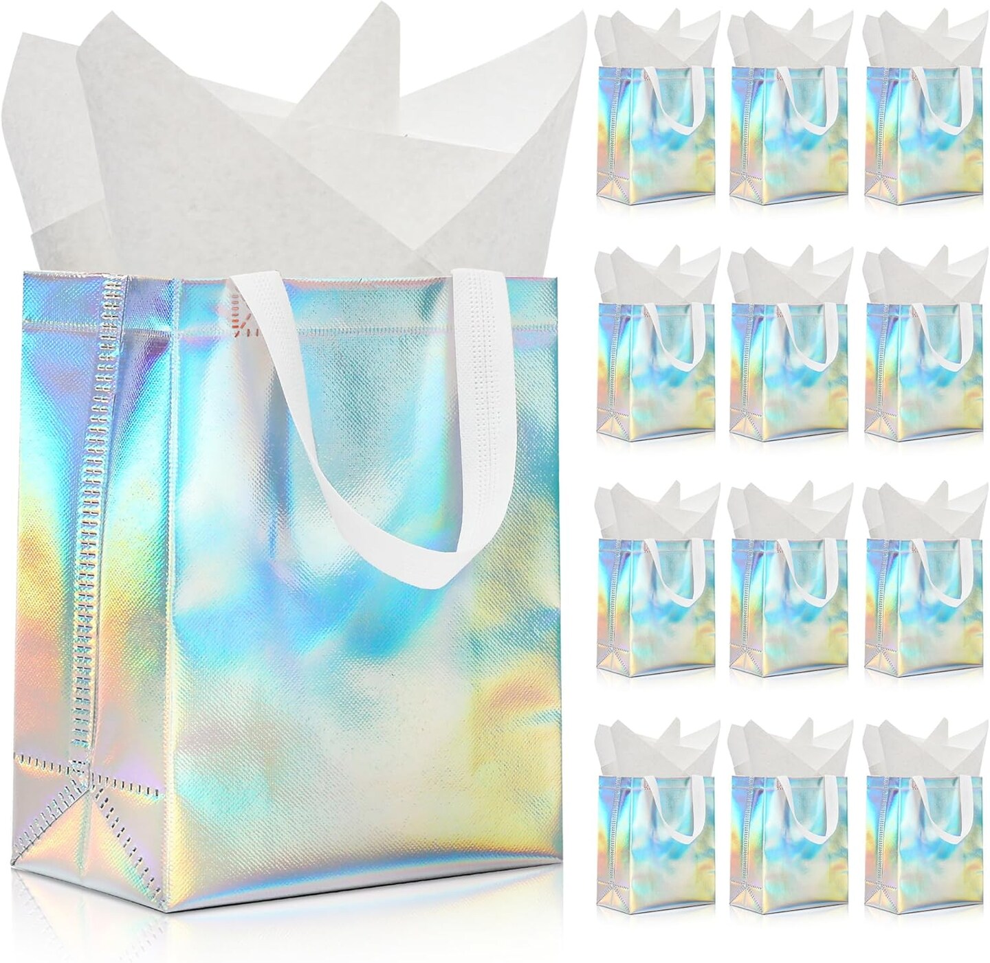 12pcs Reusable Gift Bags(Includes Tissue Paper) Gift bag with handle Birthdays Parties Holidays Weddings Medium 10x4x8in holographic Gift Bags