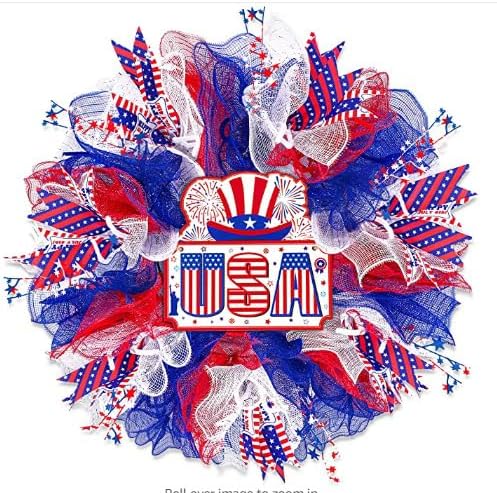 4 Rolls Deco Mesh Ribbon for 4th of July Wreath Making Supplies, 10Inch x 30Ft Metallic Burlap Mesh Red White Blue Deco Mesh Rolls for Independence Day