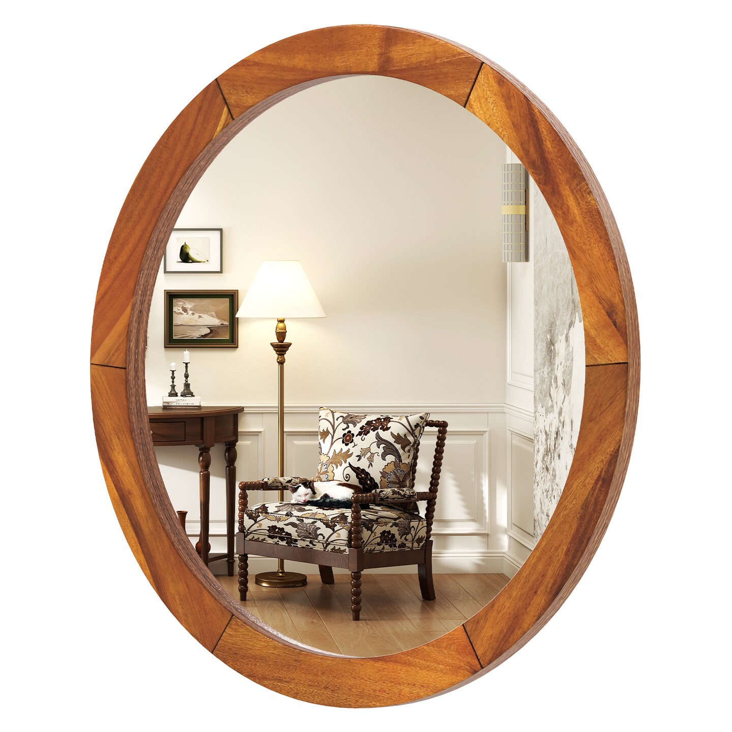 27 Inch Decorative Round Wall Mirror with Shatterproof Glass and Smooth Brown Wood Frame