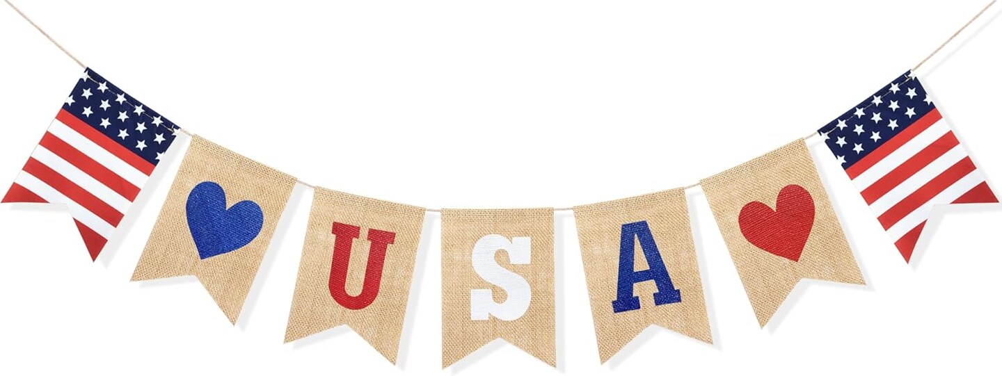 USA Burlap Banner – 4th of July Red, White & Blue Bunting for Independence Day Party Decor