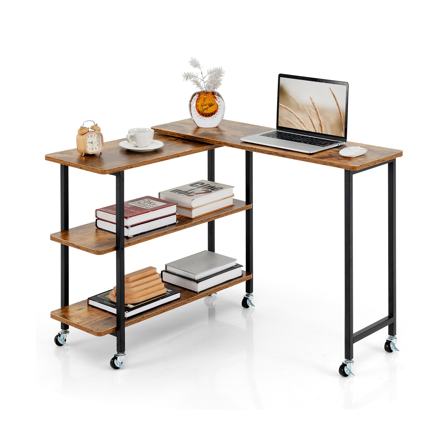Space-Saving Sofa Side Table with Rotating Top 2 Open Shelves and 6 Locking Casters for Home Office