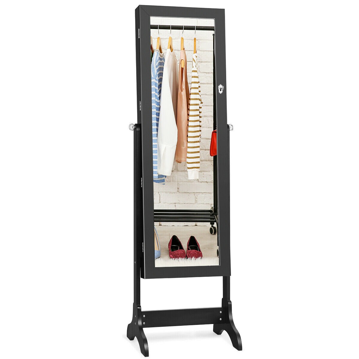 Full Length Mirror Jewelry Cabinet Armoire with Lock and Storage Space