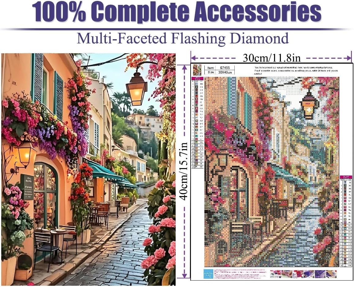 Landscape Diamond Art Kits for Adults, Flowers Street Scenery Diamond Painting Kits, 5D DIY Full Drill Crystal Rhinestone Gem Art Craft Kits for Home Wall Decor