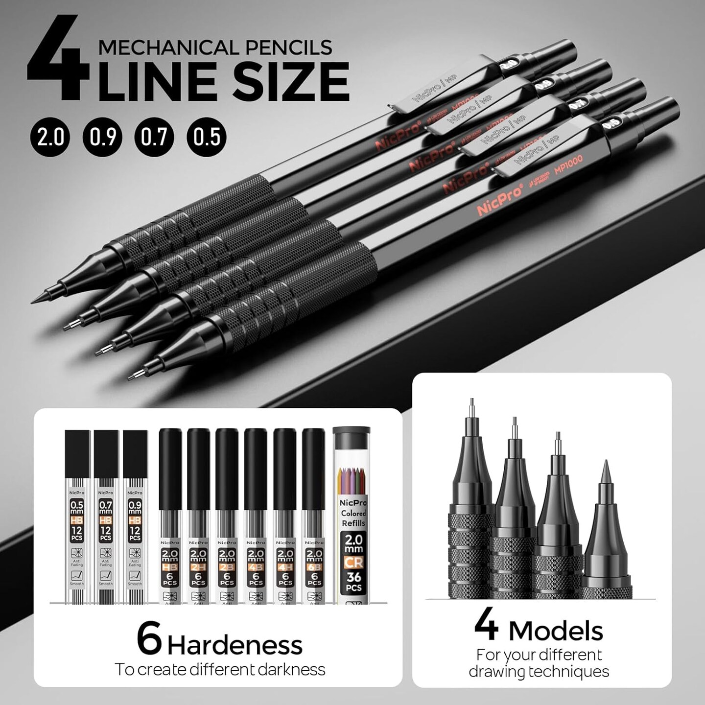 30-Piece Black Metal Mechanical Pencil Set in Leather Case – Drafting Pencils (0.5, 0.7, 0.9 mm) & 2mm Lead Holders with 16 Tubes Lead Refills (6B–4H) for Sketching and Drawing