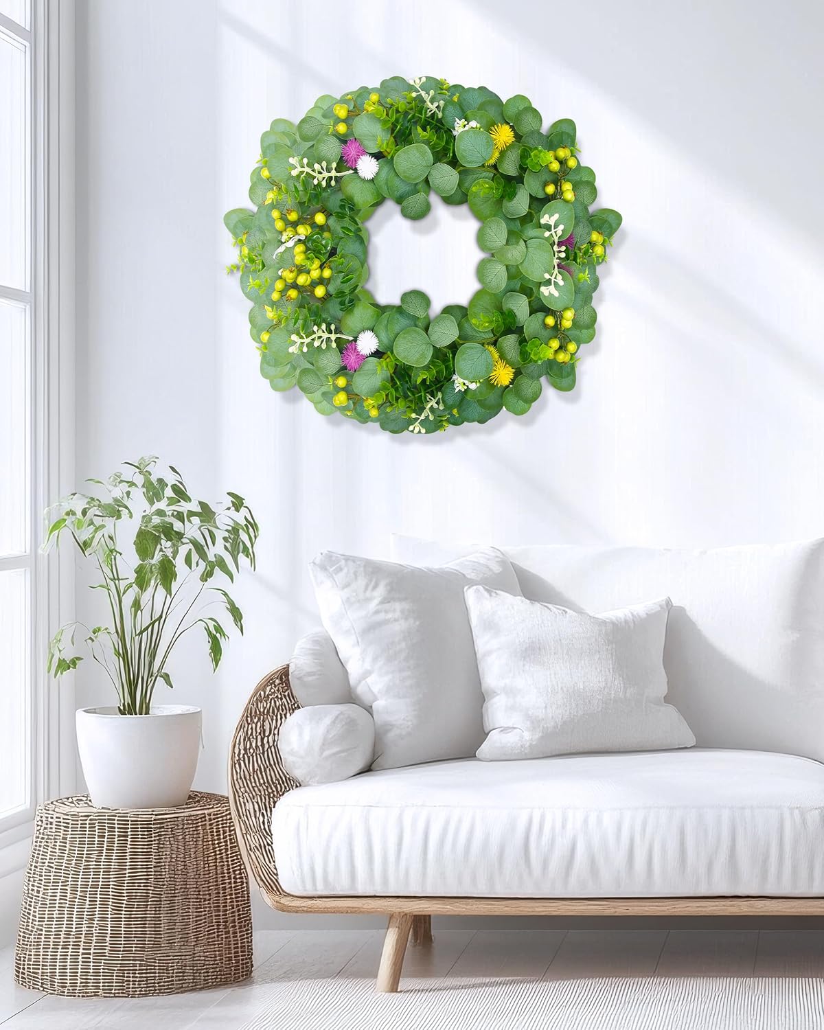 18" Green Eucalyptus & Berry Wreath – Spring & Summer Front Door Décor