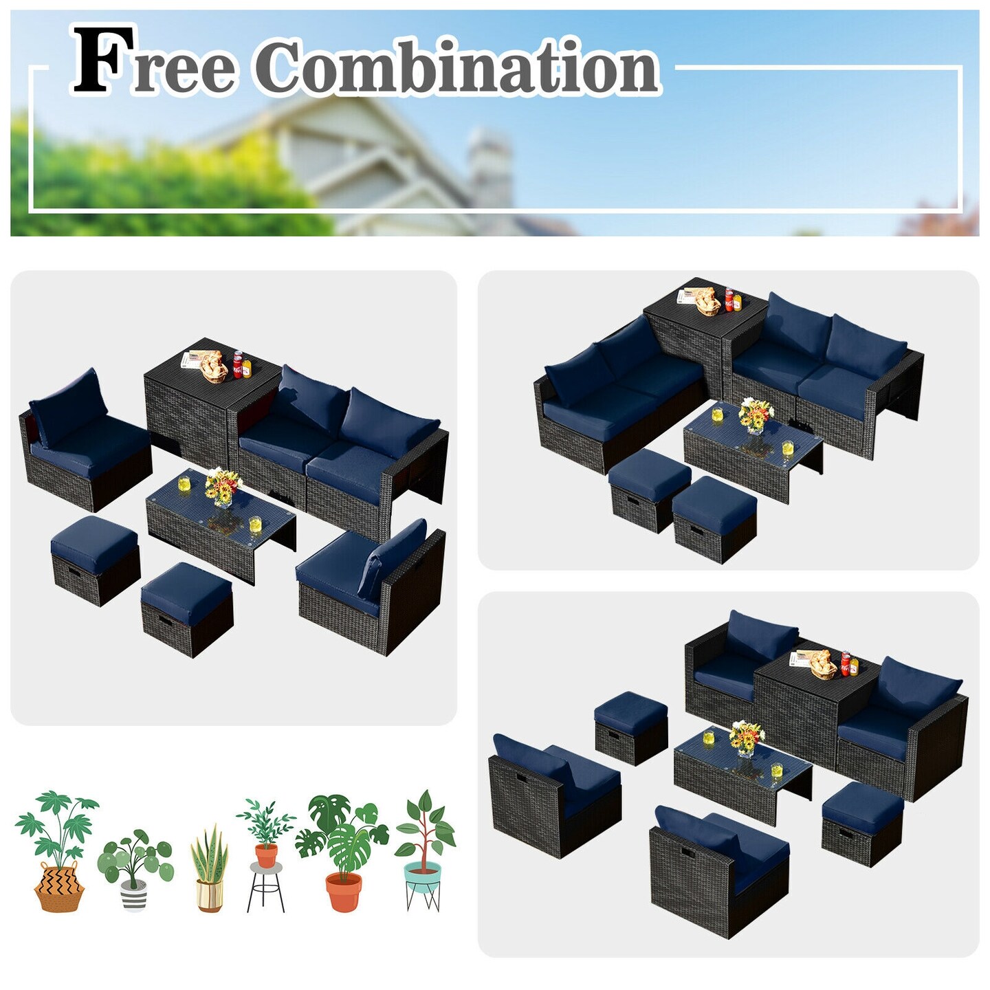 Outdoor Sectional Furniture Set 8 Piece with PE Rattan and Steel Frame
