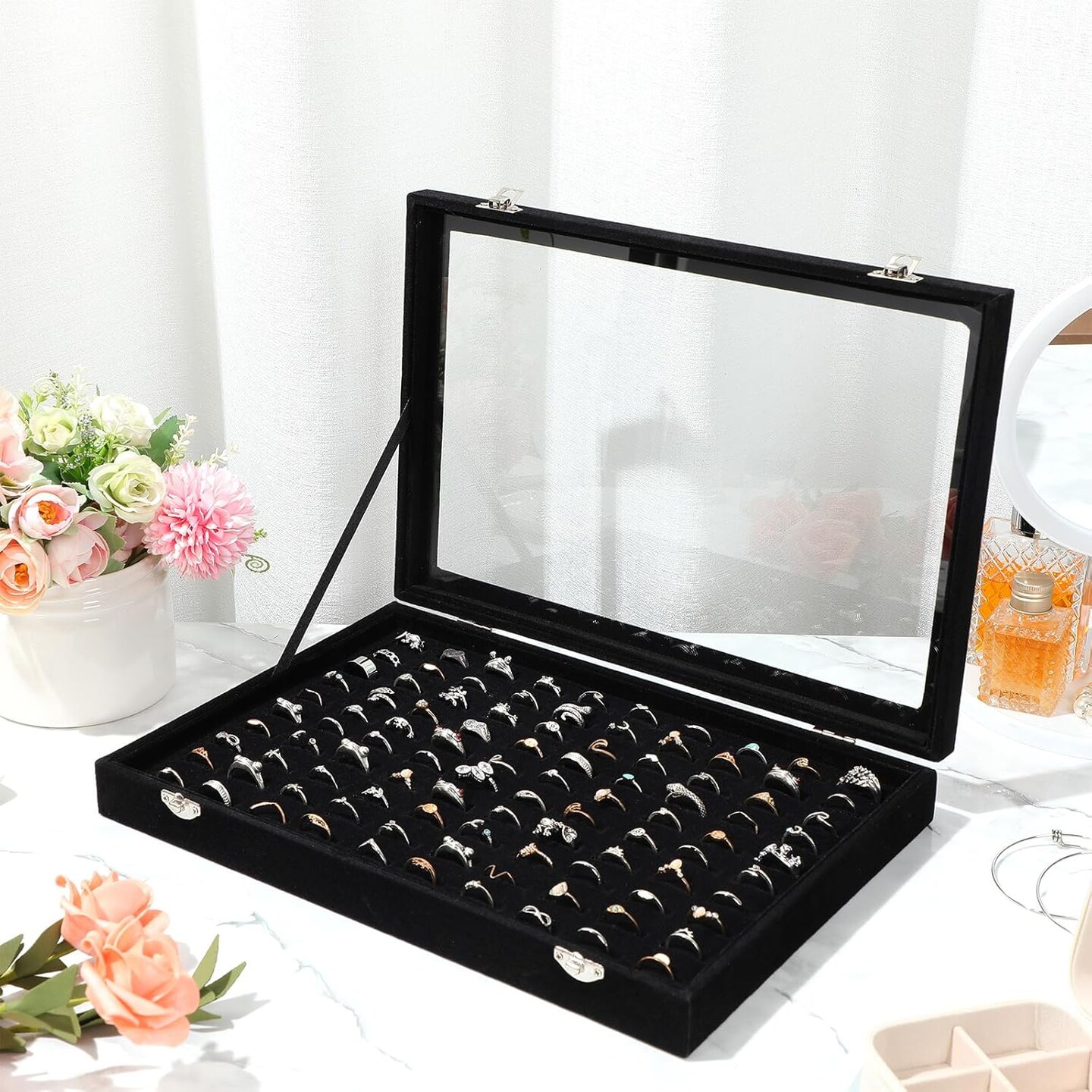 2-Piece 100-Slot Ring Organizer Box with Transparent Glass Lid & Necklace Display Tray – Velvet Jewelry Holder for Rings, Earrings, Necklaces (Black)