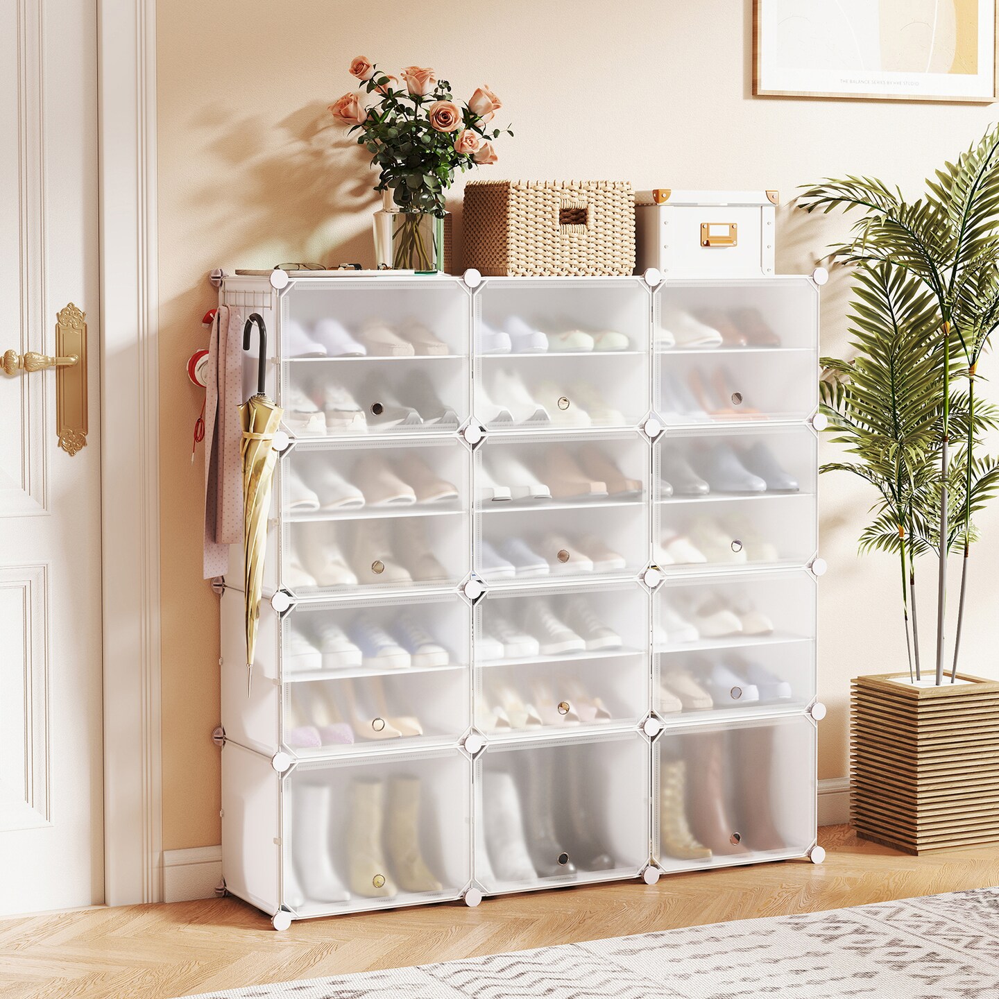 White Steel 12-Cube Modular Shoe Shelves Cabinet with Hooks and Dust-Proof Doors