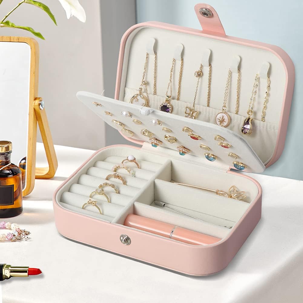 Travel Jewelry Box, Small Jewelry Organizer Boxes for Women Girls, 2 Layer Travel Jewlery Case, PU Leather Mini Portable Jewerly Storage Display Holder for Earrings, Ring, Necklaces, Bracelets - Pink