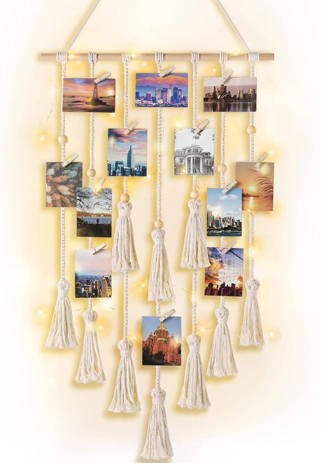 Hanging Photo Display Boho Macrame Wall Decor with Light|Ivory