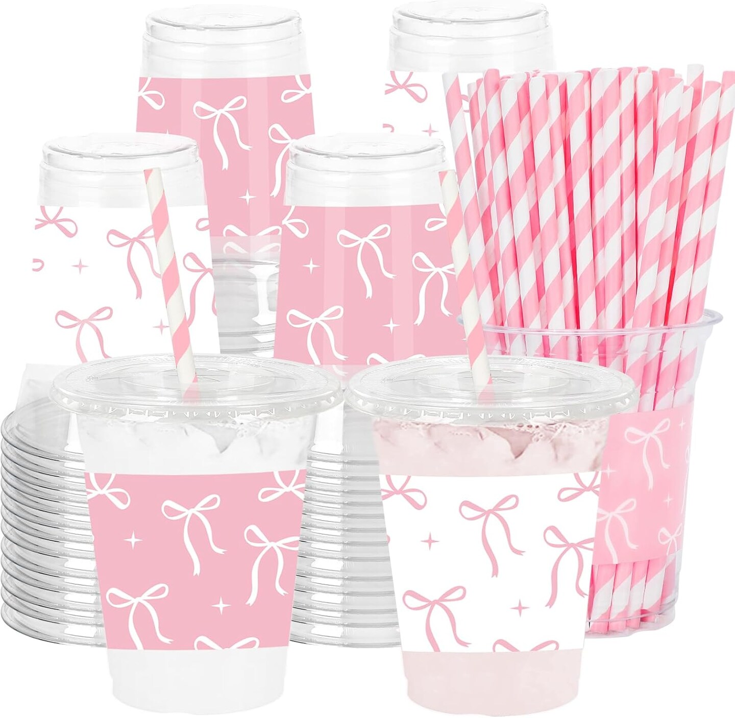 100Pcs Bow Plastic Cups with Lids and Straws Pink White Bowknot Clear Plastic Cups 12oz Coquette Disposable Cup for Birthday Wedding Party Supplies