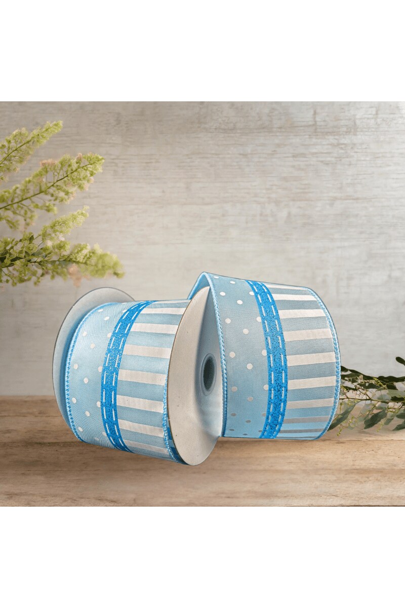 2.5&#x22; Dots and Stripes Whimsy Ribbon: Blue &#x26; White (10 Yards)