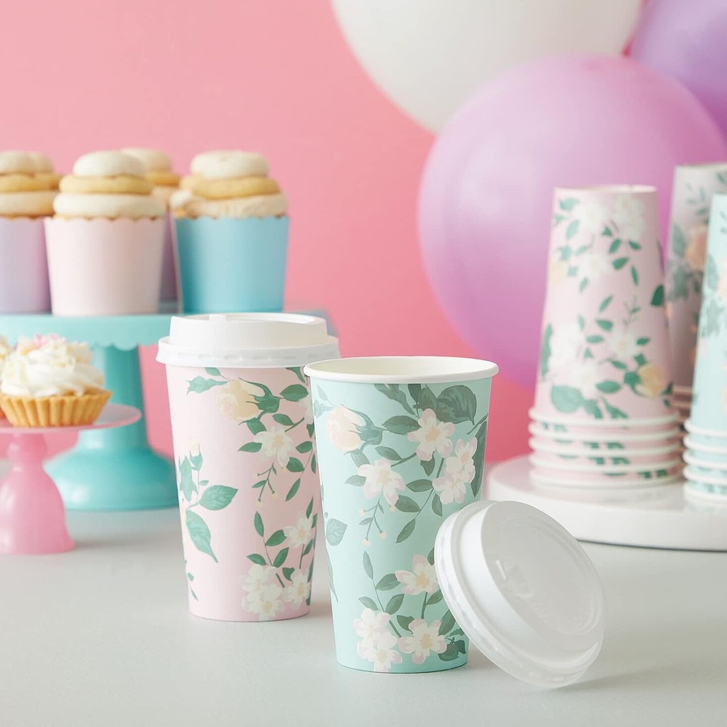 4 Pastel Designs 24 Pack Floral Paper Coffee Cups with Lids - Disposable To-Go Drinkware for Birthday Parties, Wedding Receptions, and Baby Showers - Coffee Cup 16 Oz