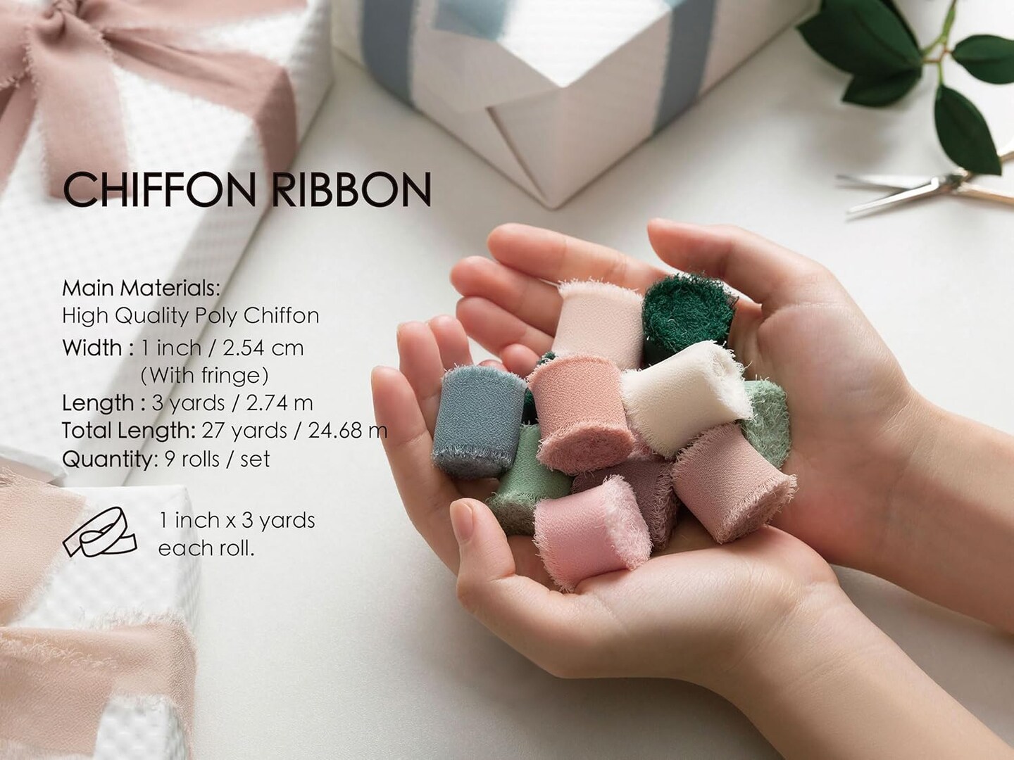 1" x 27 Yd Chiffon Silk Ribbon Mixed Color Ribbons Set 3 Yd x 9 Rolls Fringe Fabric for Wedding Invitations Bridal Bouquets Party Decoration Gift Wrapping Bow Making