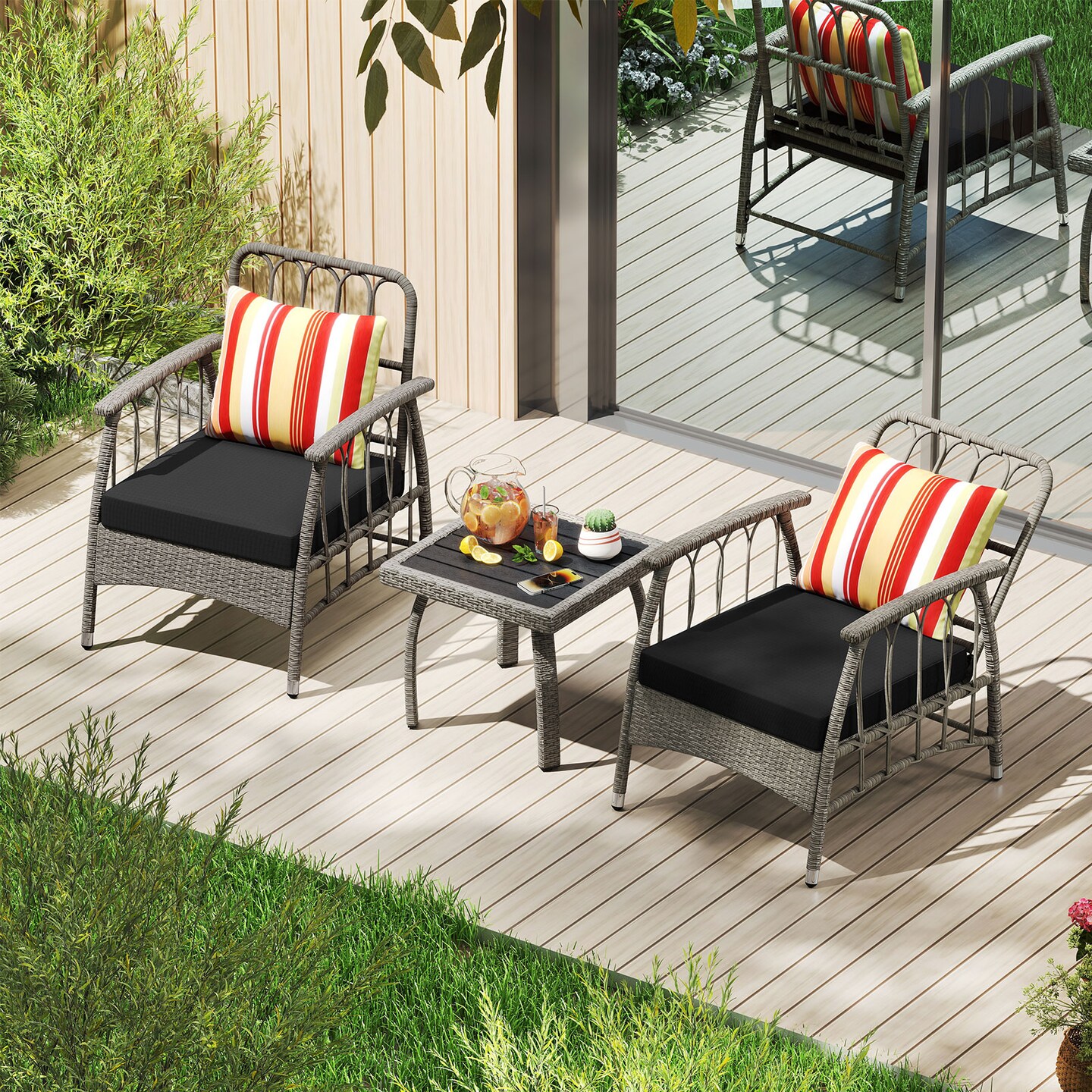 3-Piece Outdoor Patio Set Reclining PE Rattan Chairs with Cushions &#x26; Coffee Table, Adjustable Backrests, Mix Gray