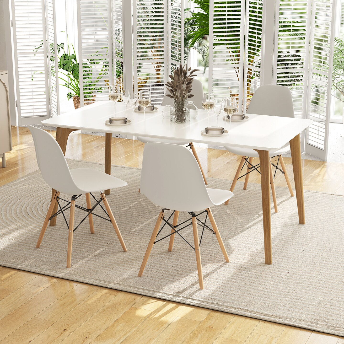 4-Pack White Armless Dining Chairs with Beech Wood Legs and Ergonomic Support Perfect for Patio