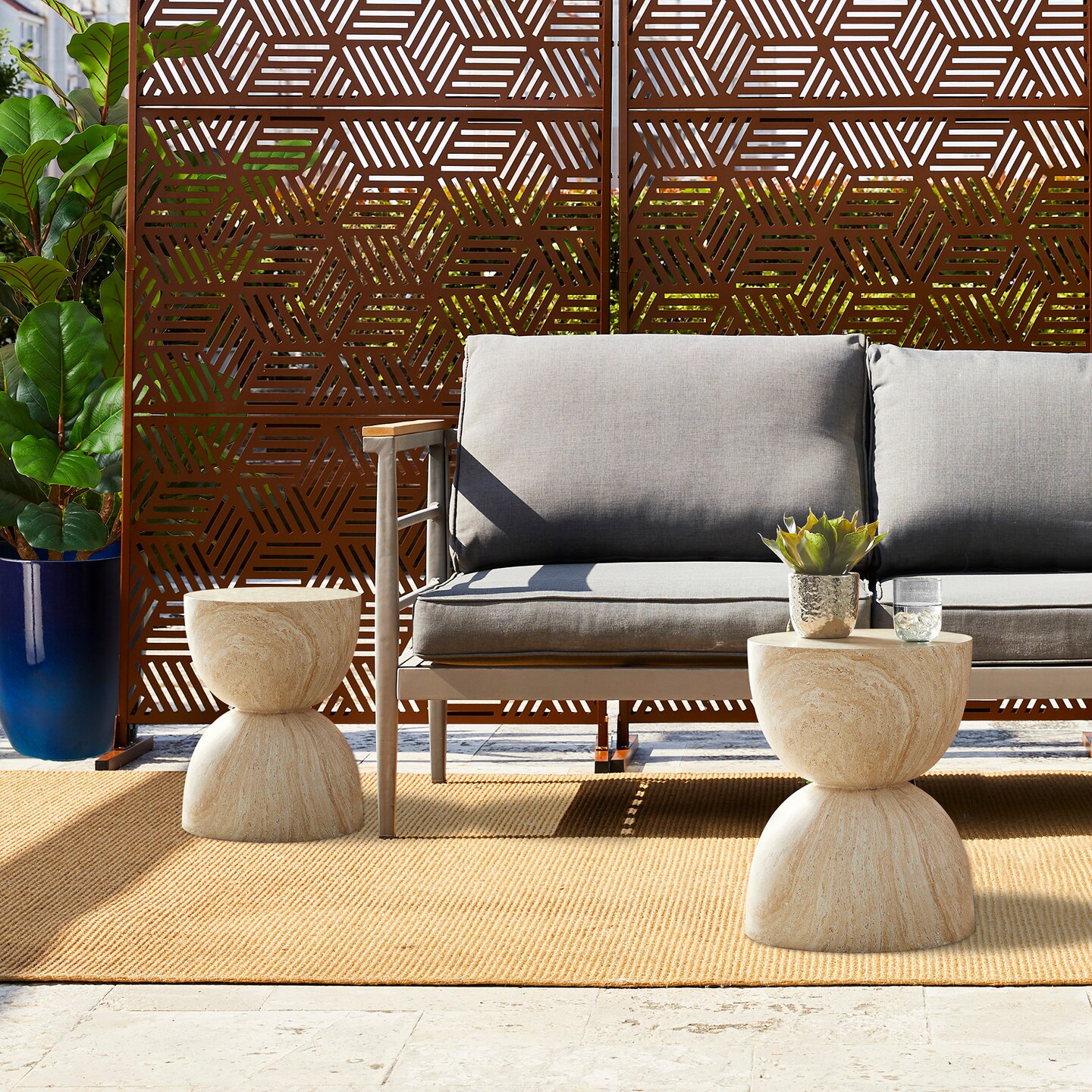 Set of 2 17.75"H Multi-functional MGO Hourglass-Style Faux Travertine Garden Stool or Planter Stand or Accent Table