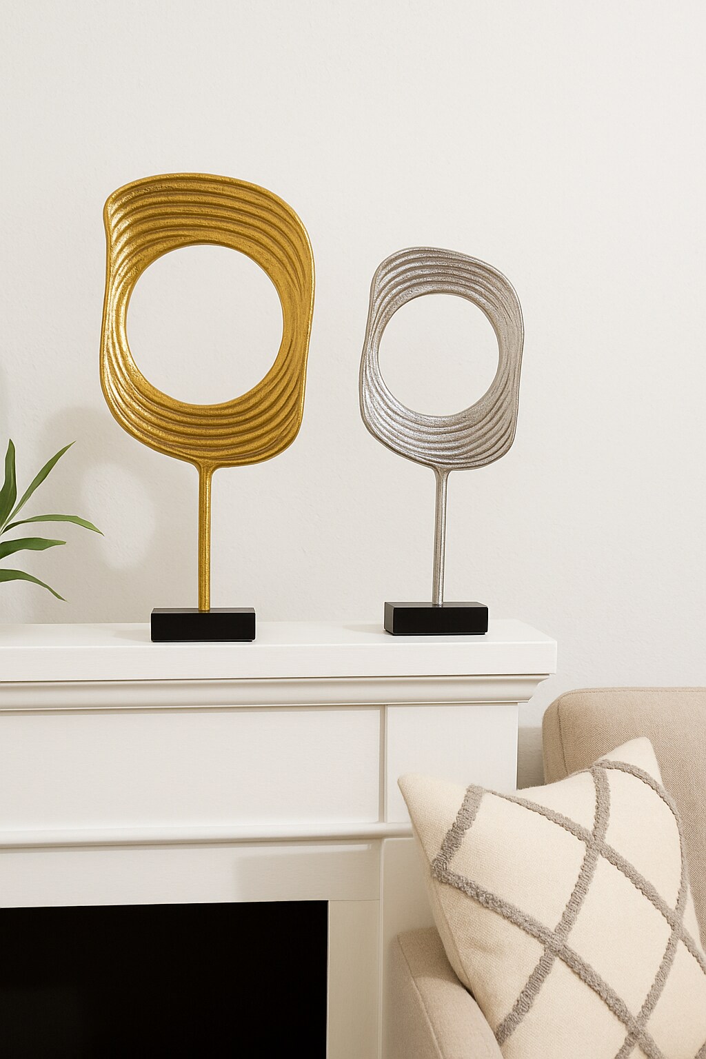 Gold & Nickel Aluminum Ring Sculptures with Black Base – Set of 2 (23" & 21" H)