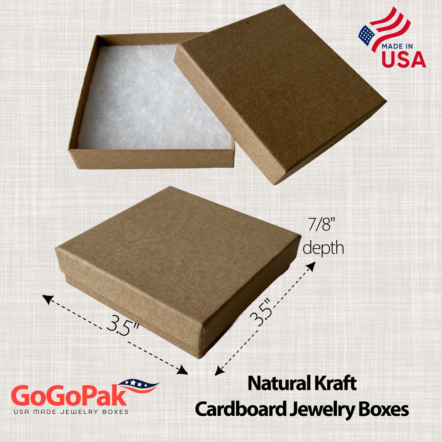 MADE IN USA-20 Boxes - Cotton Filled Cardboard Paper Jewelry Box Gift Case 3-1/2&#x22; x 3-1/2&#x22; x 7/8&#x22; Recycled Kraft - Sturdy Boxes - Jewelry Gift Giving &#x26; Keepsake Boxes