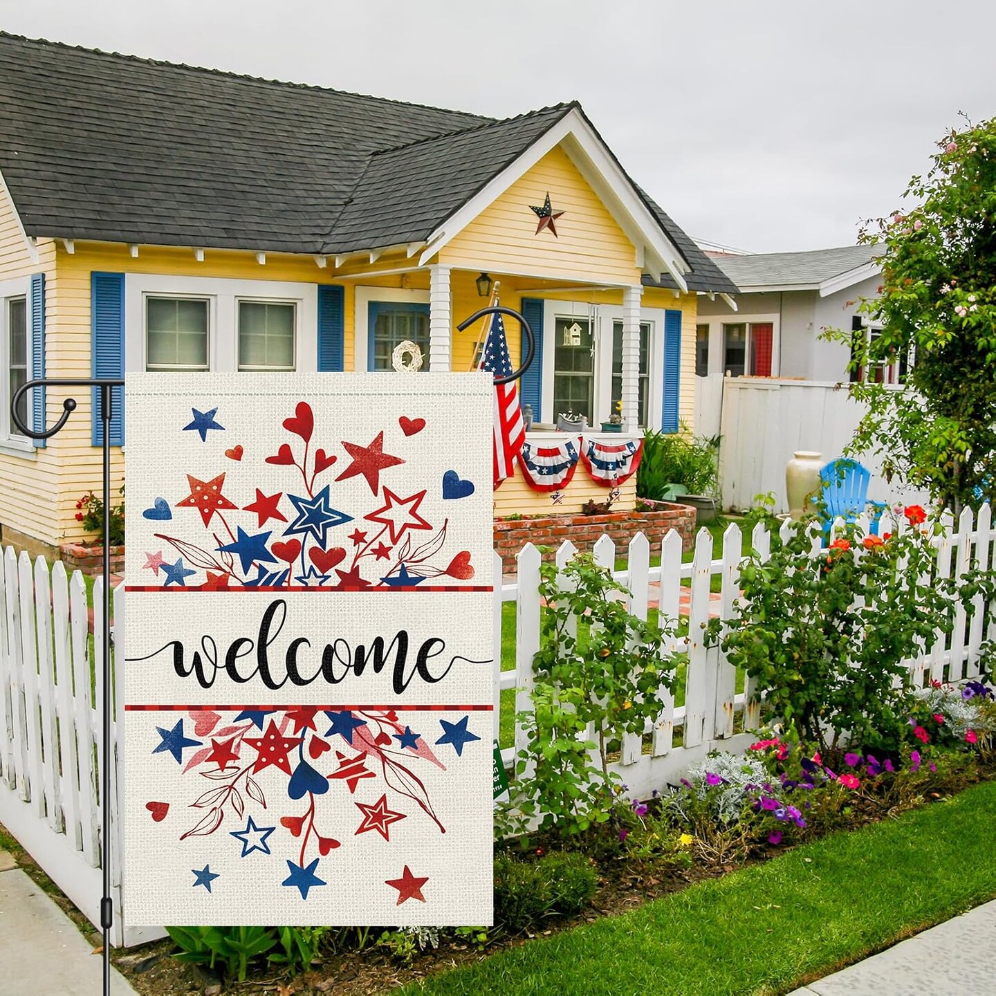 Welcome 4th of July Patriotic Garden Flag 12x18 Double Sided Burlap, Memorial Day Star Heart Pattern Yard Flags for Rustic Independence Day Outdoor Decor (ONLY FLAG)