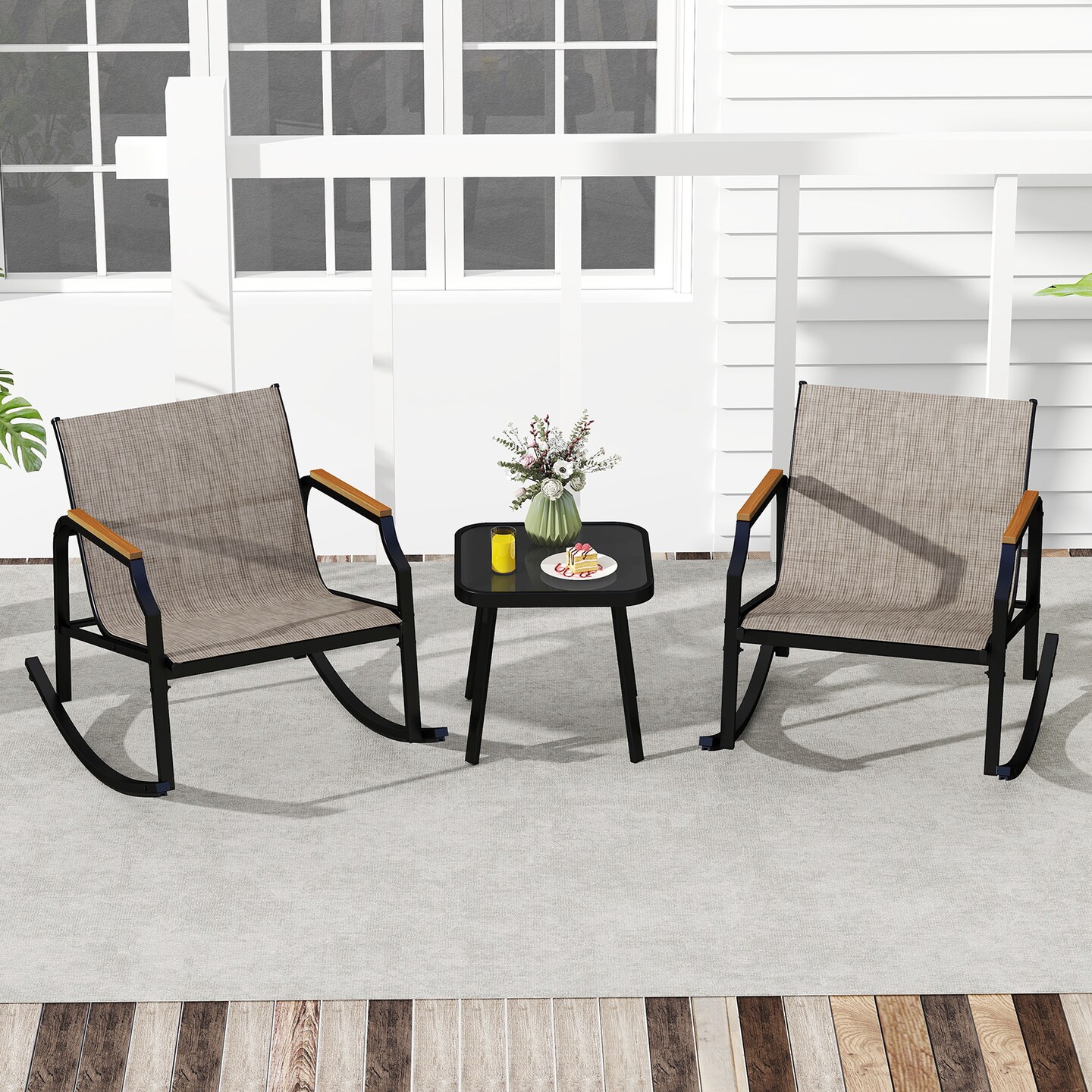 3-Piece Patio Rocking Bistro Set Black &#x26; Brown Metal Chairs with Quick-Dry Fabric