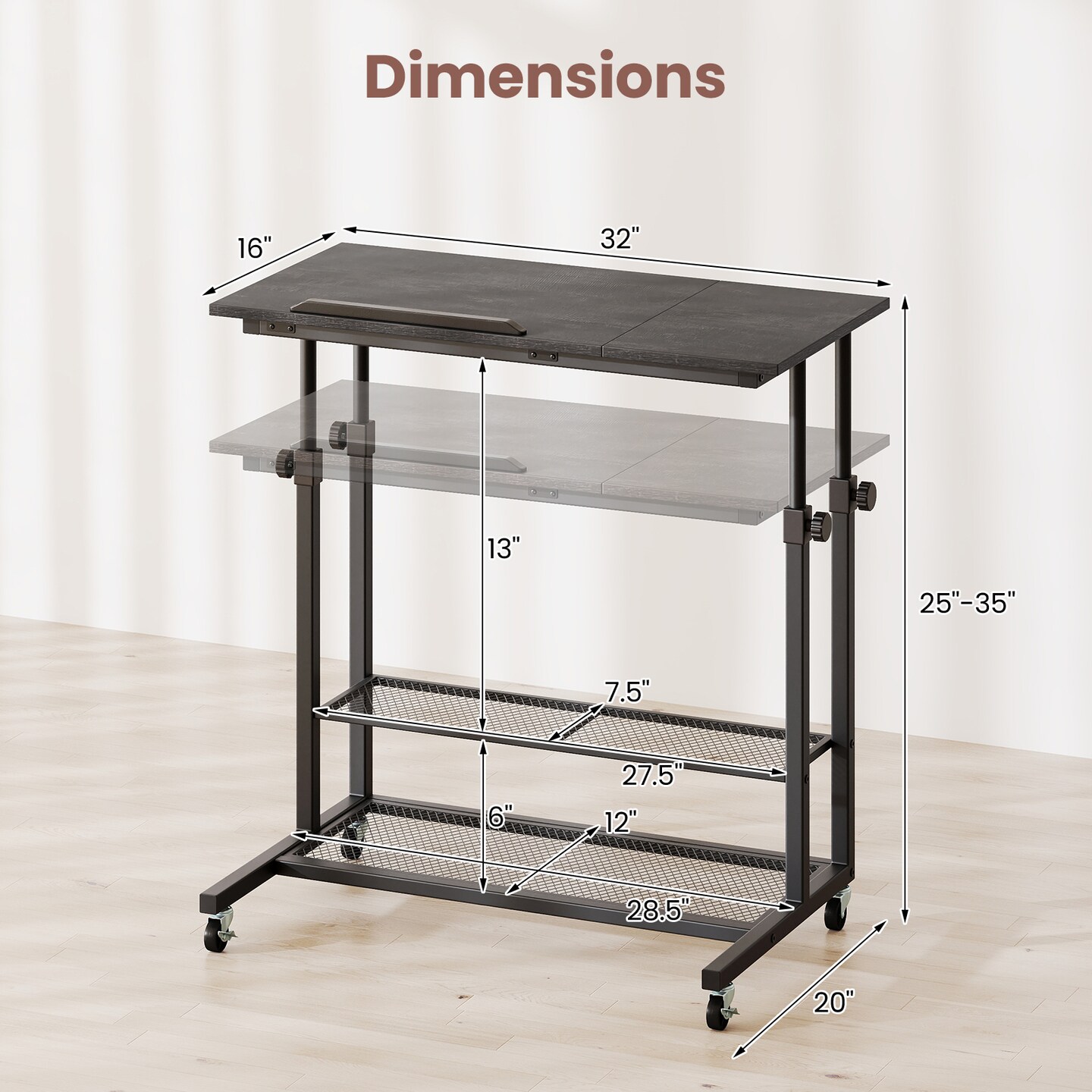 Adjustable Standing Desk with Tilt Top Rolling Laptop Table and Shelves for Home Office Use