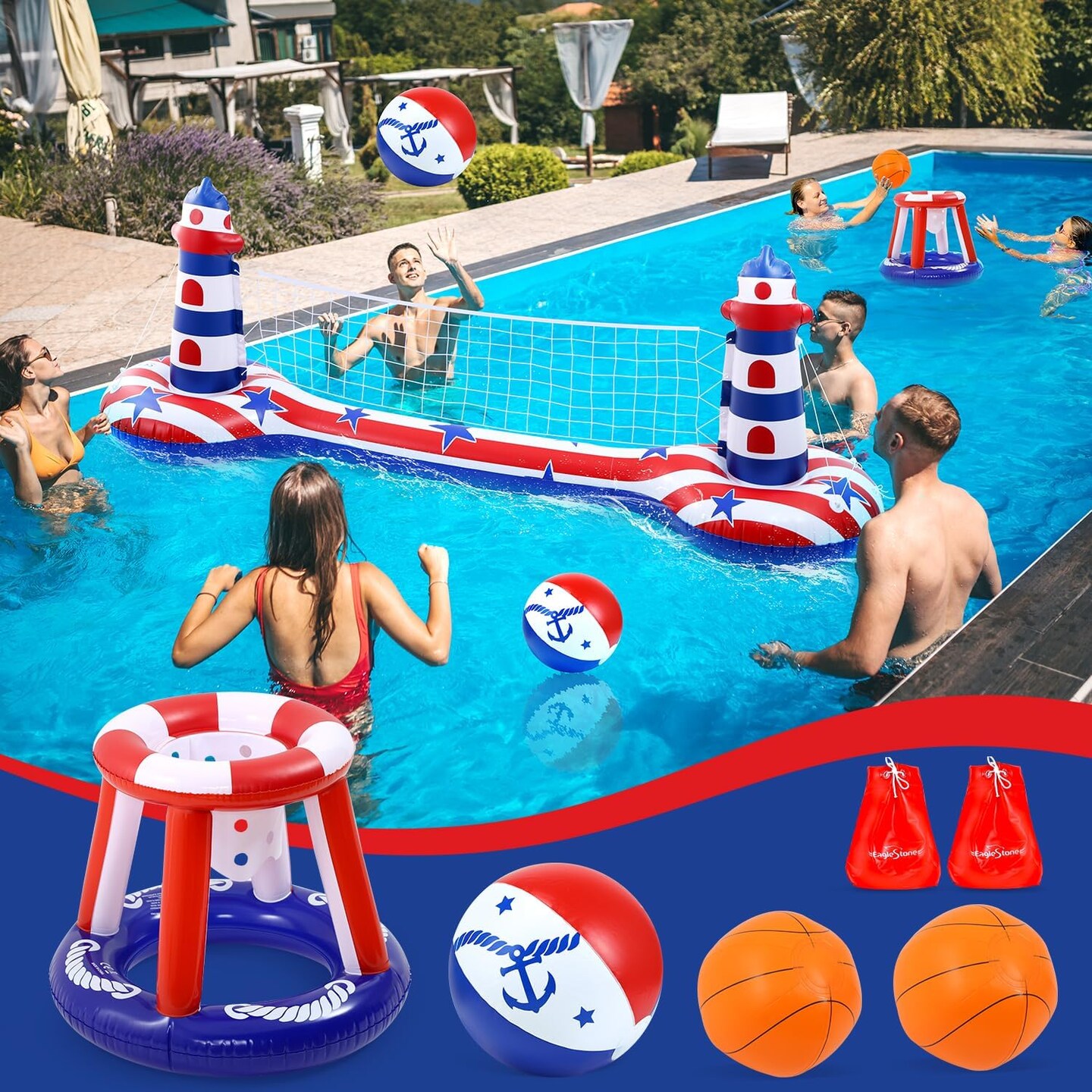 Inflatable Pool Float Set with Volleyball Net & Basketball Hoop,2-in-1 Floating Water Games for Kids Adults, Backyard Beach Summer Toys, Heavy-Duty PVC Family Pool Party Essentials