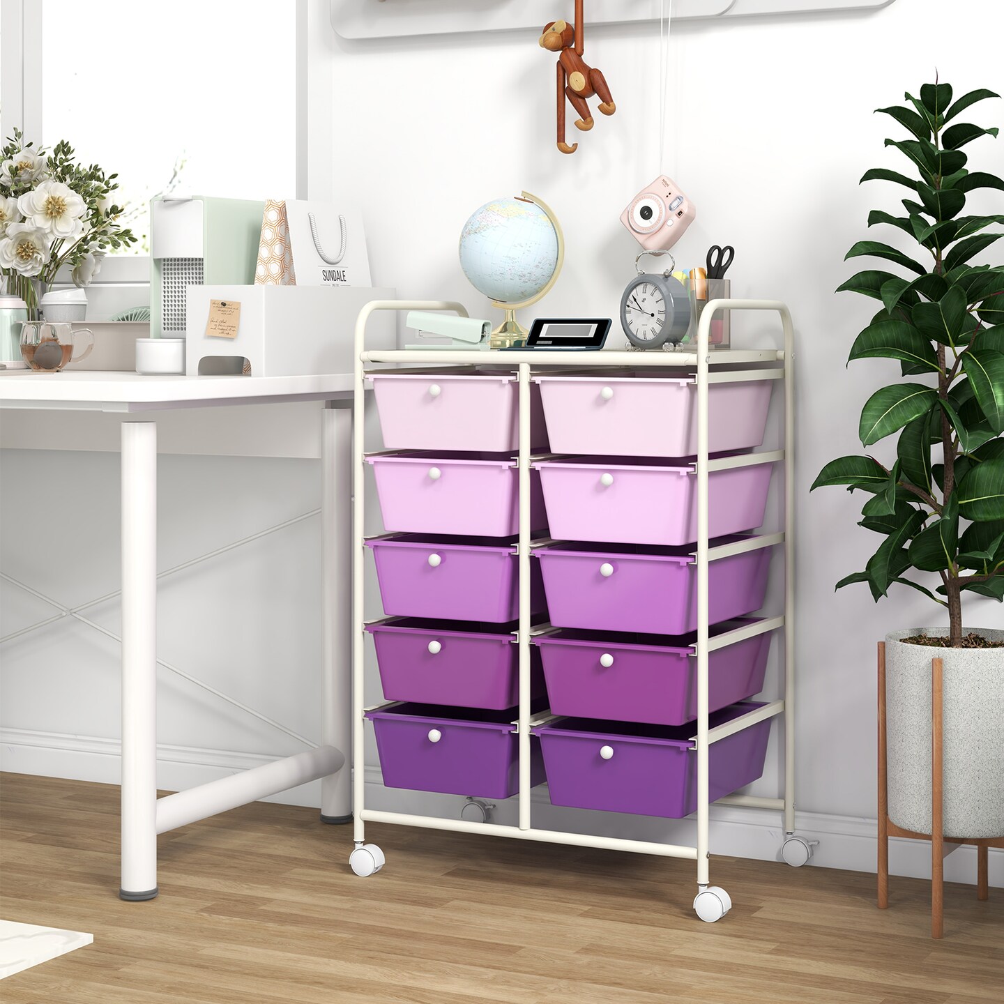 Rolling Storage Organizer Cart with 10 Drawers and Mesh Top Shelf