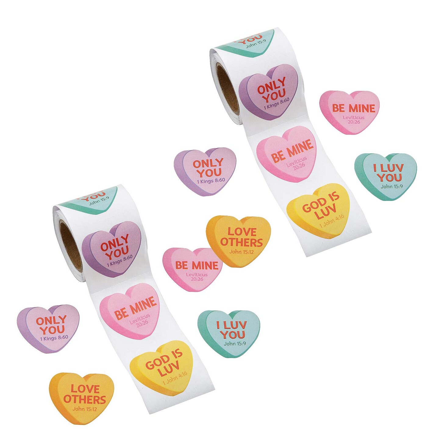 Religious Conversation Hearts Sticker Roll 100 Pieces 1 1/4x1 1/2 Inch