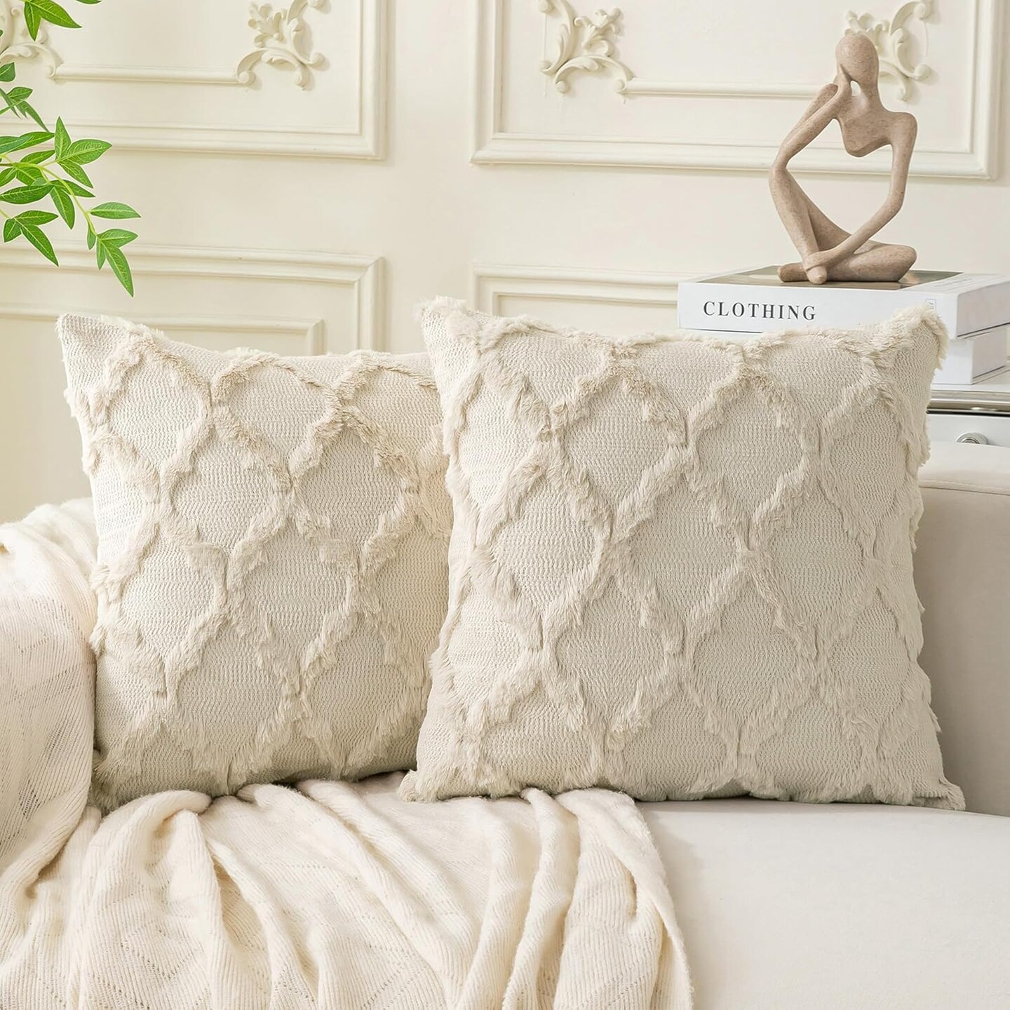 Set of 2 Beige Morrocan Decorative Pillow Covers 18x18 Inch (Beige)