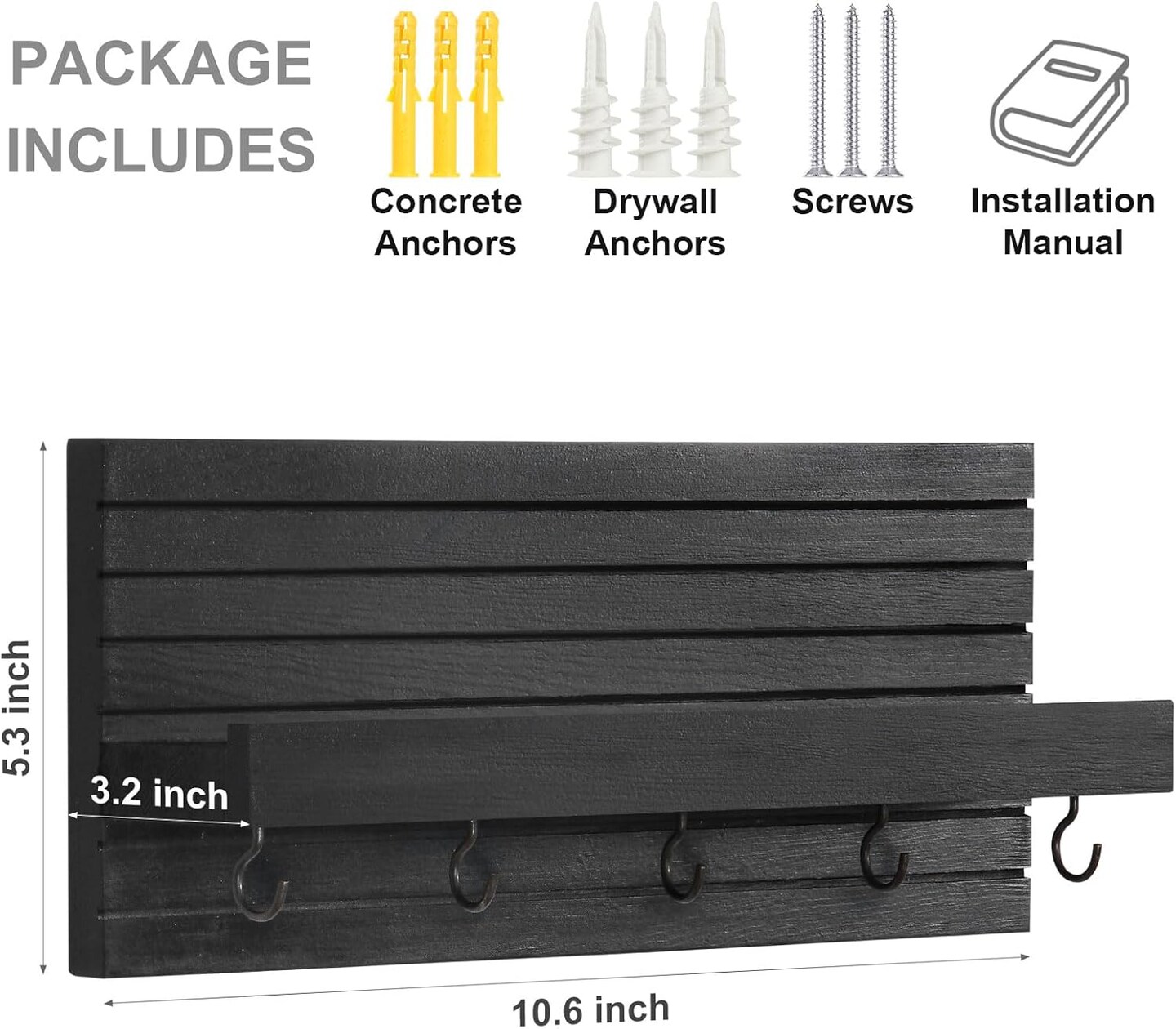 Decorative Wall Key Holder with Shelf – Medium Black Entryway Organizer with Hooks for Keys, Leashes, Jackets, and Glasses, Sturdy Wooden Hanger with Mounting Hardware